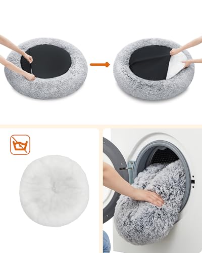 Feandrea Hundebett flauschig, Katzenbett, Donut Kissen, waschbar, Polsterung in der Mitte herausnehmbar, Langer Plüsch, 100 cm Durchmesser, Ombré-Grau PGW042G01