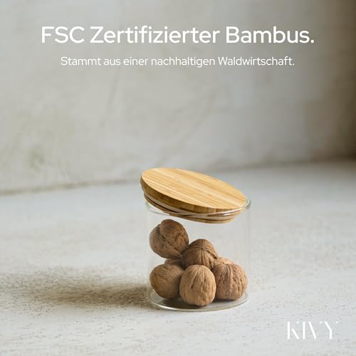 KIVY Vorratsgläser mit Deckel - 4 x 600ml - Kleine Vorratsdosen mit Bambusdeckel - Vorratsdosen Glas mit Deckel - Vorratsgläser Holzdeckel - Aufbewahrungsgläser mit Deckel - Glasbehälter