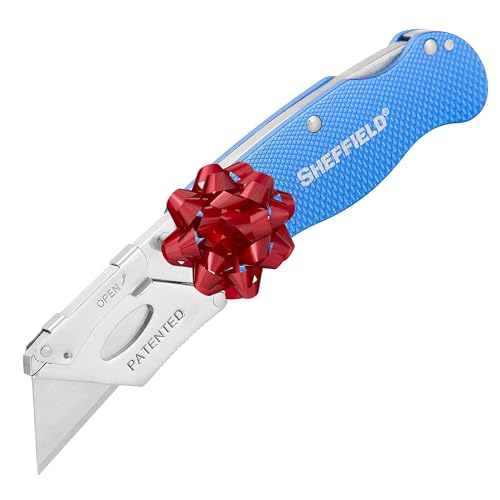 Sheffield 12113 Folding Utility Knife, Quick Change Utility Knife Blades, Compact Aluminum Handle, Box Cutter, Razor Blades Included