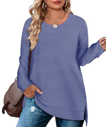 Image of RITERA Plus Size Women Sweaters Waffle Knit Pullover Top Long Sleeve Casual Crewneck Shirt Loose Split Hem Fall Winter Blouse