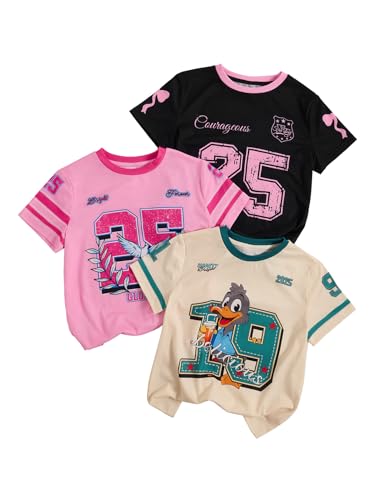 Image of RoseSeek Girl's Shirts 3 Packs Star Butterfly Graphic Tees Crew Neck Short Sleeve T Shirt Casual Tops