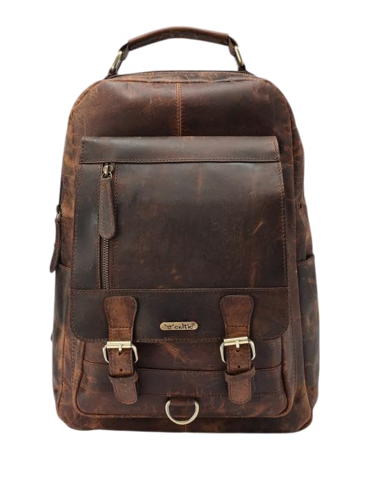 Genuine Leather Backpack for Men | Vintage Design with Front Zip Pocket | Spacious Laptop Backpack Fits 15 Inch Laptop | Travel Office Everyday Use | Brown-image-36