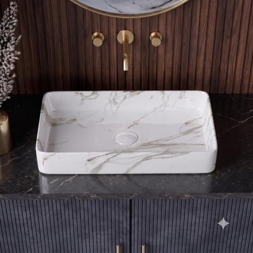 Image of Designer Ceramic Table Top Vessel Sink Wash Basin For Bathroom | Wash Basin Over Counter | Countertop Bathroom sink (24 x 14 x 5 Inch) (Designer White Green)