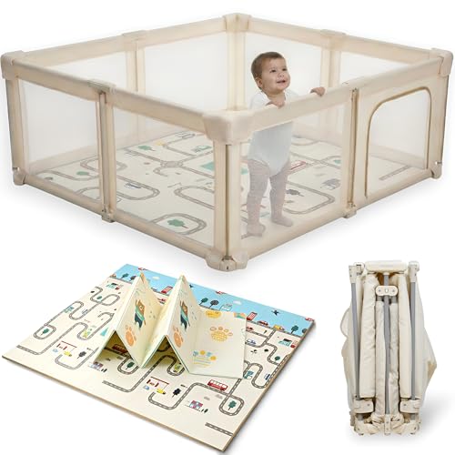 Parque Infantil Bebe 120x120 + Alfombra Bebe Acolchada Plegable Y Vallas Infantiles Parque Bebe Plegable - Corral Para Bebe - Parque Bebe - Corralito Bebe Plegable (LIGHT BEIGE)