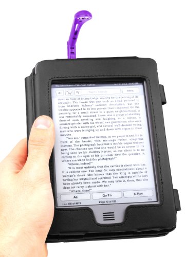 DURAGADGET Funda Negra De Cuero En Estilo De Libro para El Nuevo Kindle Touch, Wi-Fi,6 De Amazon (Última Generación, Marzo 2012) + Luz LED De Lectura Clip On Morado