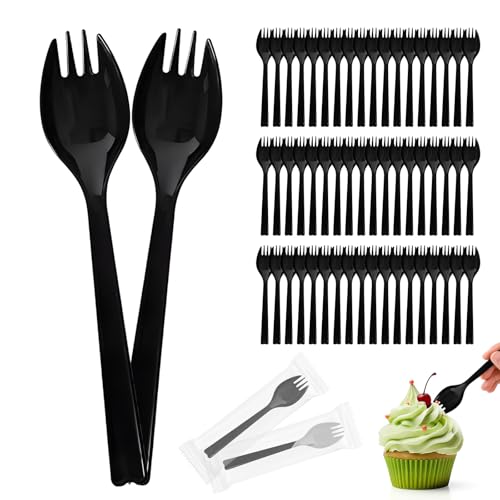 Bioudell 50Pcs Long Handle Individually Wrapped Sporks 6.3 Inch Large Disposable Plastic Fork Spoon Heavy Weight Utensils for Catering Takeout Events Office & School Lunches