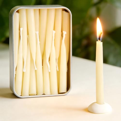 20 Minute 100% Pure Beeswax Candles Mini Mindful Meditation Taper Candles Smokeless & Dripless with Holder for Yoga Prayer Relaxation (White 24 Pack)