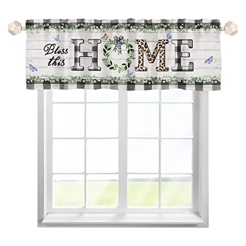 HawSkgFub Bless This Home Eucalyptus Leaf Buffalo Plaid Check Kitchen Curtains Valance 54 x 18, Spring Summer Seasonal Short Window Topper Rod Pocket, Farmhouse Home Living Room Bedroom Bathroom Decor Cover