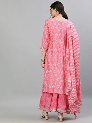 Ishin Women's Silk Kurta Sharara Dupatta Set - Pink Embellished Ethnic Outfit, Round Neck, Three-Quarter Sleeves, Size Small - View #8