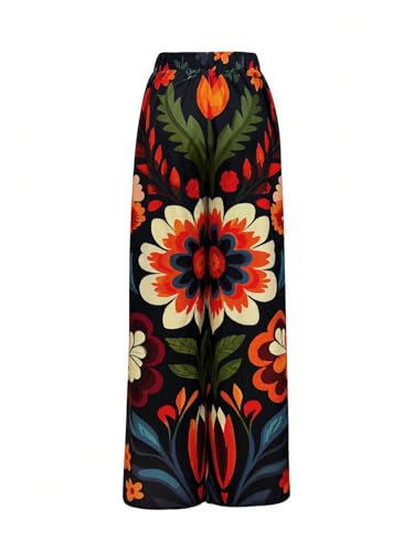 Women's Floral Boho Beach Pants Drawstring High Waisted Wide Leg Baggy Lounge Trousers2