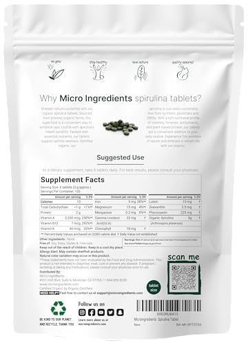 image for Micro Ingredients Organic Spirulina Supplement, 720 Tablets (4 Month S