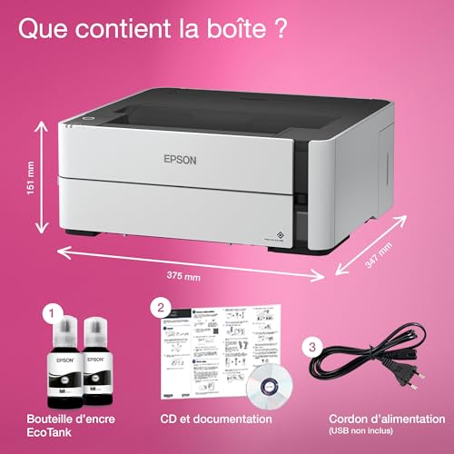 EPSON EcoTank ET-M1170 | Imprimante jet d'encre monochrome - A4 sans fil, réservoir haute capacité - Économie de 90% sur les coûts d'impression, 20ppm, recto-verso, Ethernet, garantie 1 an - noir