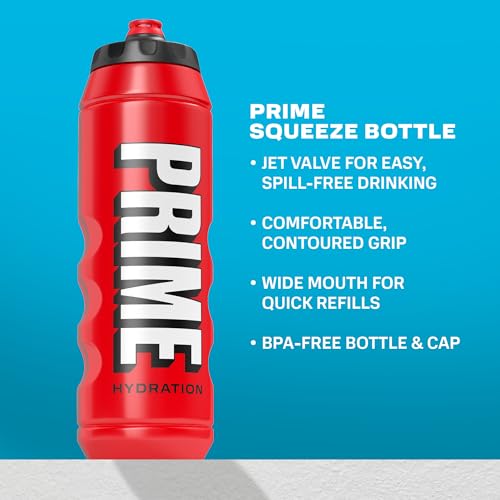 Image of PRIME 32 oz Red Squeeze Sports Water Bottle, BPA Free, Dishwasher Safe, Easy-Grip Ergonomic Leakproof Design, Fast Hydration for Gym, Cycling, Running