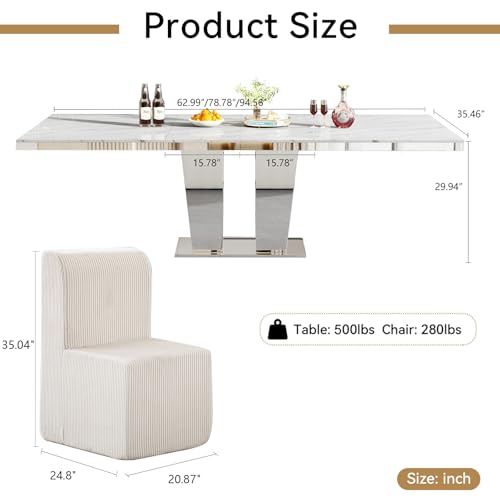 Image of 7-Piece Extendable Dining Table Set for 6, Modern 63 inch-94 inch White Marble Expandable Kitchen Table Set with 6 Furry Chairs, Large Extendable Dining Room Tables with Mirrored Columnar Base