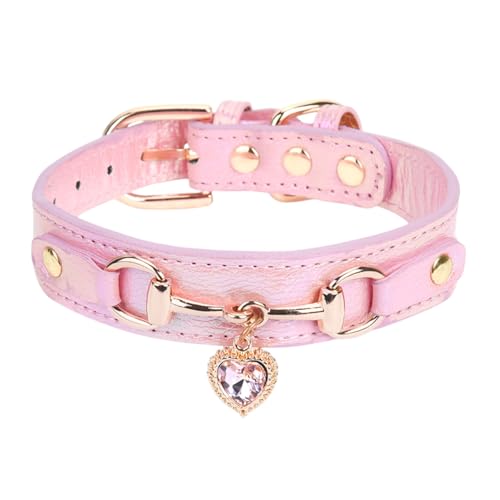 THAIN Fashion Dog Collar with Bling Diamonds & Heart Charm – 5 Holes Adjustable PU Leather Rhinestones Necklace Collar, Gold Buckle for Small Medium Dogs Girl (Pink, S)