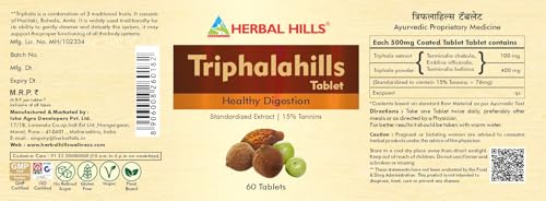 Image of Herbal Hills Triphala Tablets, (60 Tablets Pack) | Supports Healthy Digestion & Detox | Triphalahills Supplement For Constipation, Gut Cleanse & Metabolism | With Amla, Haritaki & Baheda