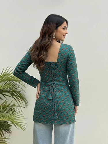 Image of ANNI Designer Short Kurti for Women Printed Design | Square Neck Full Sleeve Kurti Tops for Women | Stylish Kurtis & Short Kurtis for Woman | Casual Kurti with Jeans | Kurtas for Woman