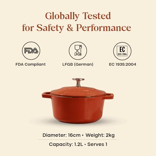 Image of CUMIN CO. Cast Iron Dutch Oven 1.2L, 16 cm | Induction Base Cookware | 10 Years Warranty | Non Toxic Non Stick Biryani Pot with Lid | Heavy Bottom | Chemical Free Coating | Free Accessories | Color: Rust
