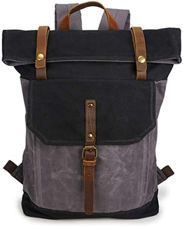 VICROAD Vintage Canvas Backpack, Leather Travel Bag for Hiking, Camping, Waxed Laptop Daypack Bag (Black)