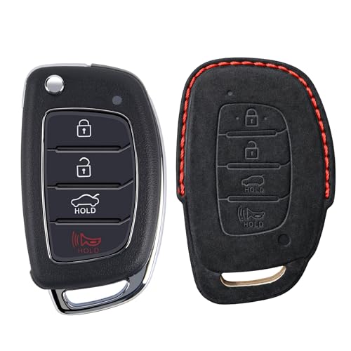 Image of KMH Alcantara Car Key Cover Compatible with Hyundai Alcazar Creta 2022 Venue i20 Tucson Elantra Smart keycover with Keychain 4 Button Shell Case Key Protector Smart Keycover (D2) Black - Pack of 1