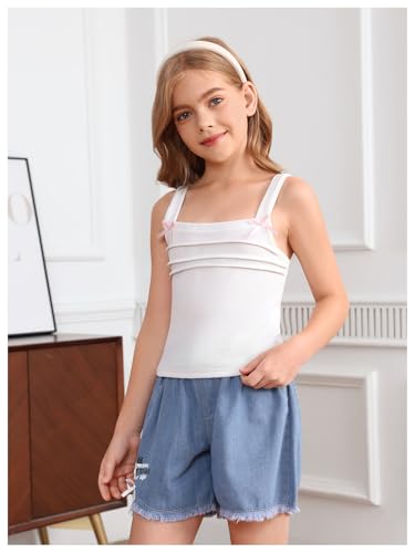 SHENHE Girl's Square Neck Bow Tank Pleated Wide Strap Sleeveless Cute Summer Holiday Top3