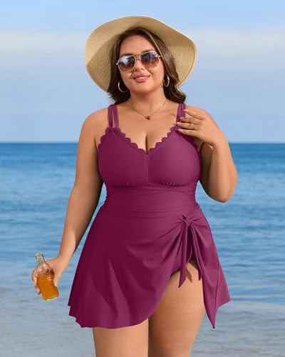 Image of Charmo Plus Size Swimsuit for Women Swim Dress Scalloped One Piece Tummy Control Bathing Suit Ruched Swim Suits