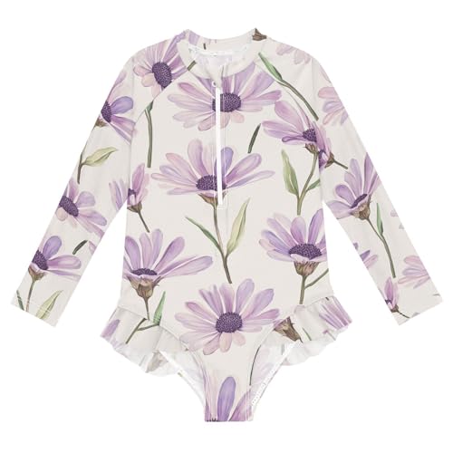 Sweet Osteospermum Neutral Girls 1 Piecing Long Sleeve Swimsuit Rash Guard for Girls Kids Bathing Suit 5-6T