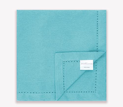 Purpleessences Set Of 12 Hemstitch Cloth Dinner Napkins 100% Cotton - Soft Durable Washable - Solid Easter And Spring Collection Perfect Everyday Use Table Linen Cloth Napkins 18X18 - Aqua Blue #TOP4