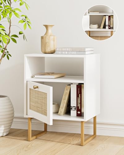 Image of Rattan Nightstand, Mid Century Modern Night Stand,Boho Farmhouse Wood Bedside Table with Storage and Open Shelf, End Side Accent Table for Bedroom,Living Room,White