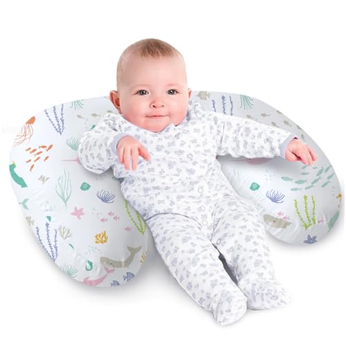 Image of Little Grape Land Nursing Pillow for Infants, Breastfeeding Pillows, Baby Support Pillow for Nursing, Bottle Feeding, Tummy Time with Machine Washable Cover & Breathable Filling, Ocean Word