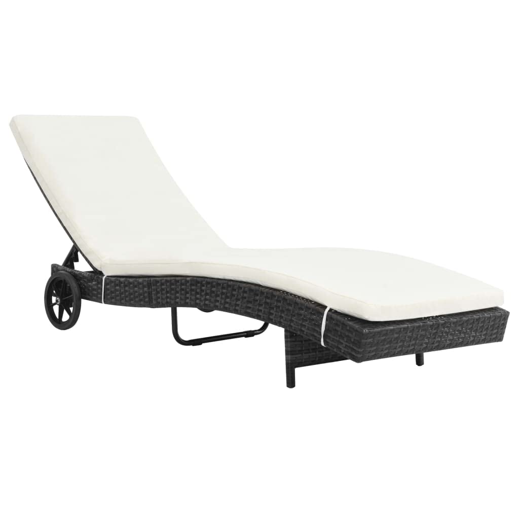 Lettino prendisole con ruote e cuscino in polyrattan nero, chaise longue regolabile per giardino, terrazza, balcone