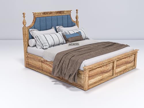Image of Craft Wooden King Size Bed with Storage | Double Bed Cot Bed with Box Storage & Blue Colour Upholstered Cushioned Headboard for Bedroom | Solid Wood Sheesham, Teak Finish