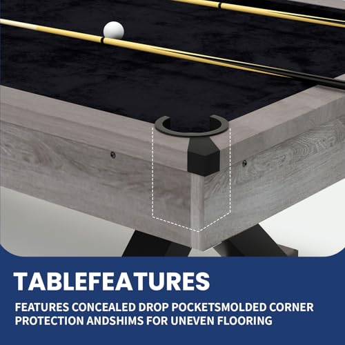 84\" Rustic Grey Pool Table with X-Shaped Legs and Black Cloth – Includes Billiard Balls, Cues, and Accessories for Game Room & Home Entertainment (Grey Finish) - Thumbnail 5