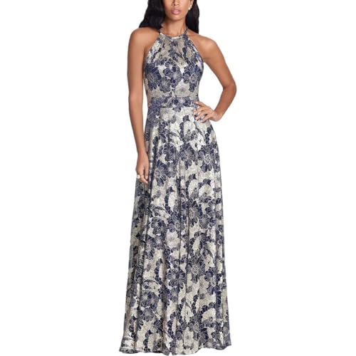 Image of Betsy & Adam Women's Metallic Floral Halter Neck Flowy Floor Length Dress