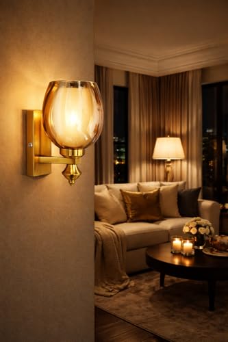 Image of Premium Gold Finish Elegant Amber Glass Shade Wall Light for Bedroom, Living Room, Restaurants, Dining, Coffee Shop, Home and Office Decorative Wall Sconce Light Fixture (Without Bulb)