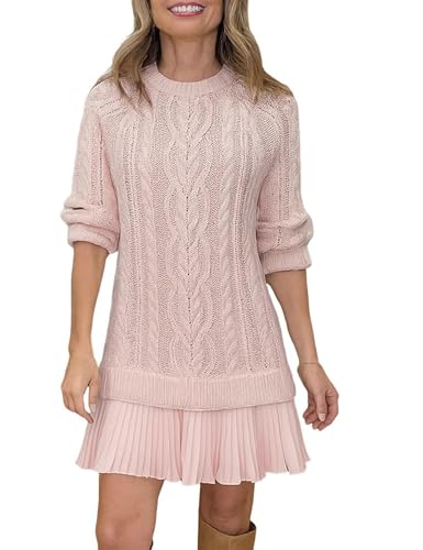 Women Crewneck Cable Knit Sweater Mini Dress（XS-3XL）, Layered Knit Sweater Dress with Pleated Fall Style