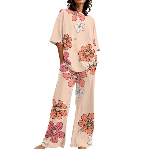 Conjunto de 2 piezas de lino y algodón de gran tamaño para mujer, con camiseta suelta y pantalones de pierna recta, ropa casual de talla grande, rosa, XXL