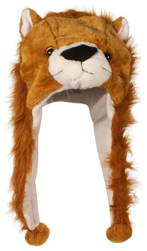 Cute Plush Animal Character Winter Hat Fun Ski Cap with Detailed Animal Face Long Ear Straps with Pom Pom Ends (Lion)