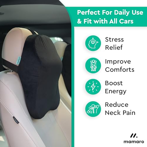 Image of Car Neck Rest Pillow, Memory Foam Head Rest & Neck Support Cushion for Car Seat, Office Chair | Comfortable Ergonomic Design for Neck Pain & Muscle Tension Relieve (Black, 17x12x5 Inch, Large)