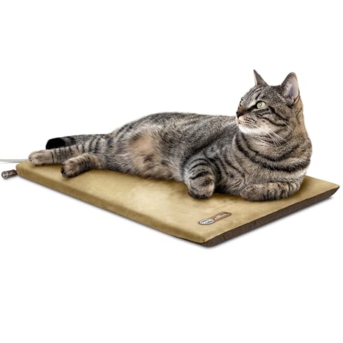 K&H Pet Products Heated Cat Bed Pad for Indoor Cats, Thermo-Kitty Mat Calming Warm Pet Heating Pad for Inside Pets, Machine Washable, Waterproof Heater, Safety Listed - 12.5 X 25in Mocha/Tan