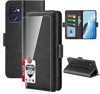 Pemuyak Leather Case for OPPO Find X5 lite 5G Case with HD Tempered Glass Screen Protector, [Magnetic Closure][Card Slots] Stand Leather Flip Shockproof Cover for OPPO Find X5 lite - Black