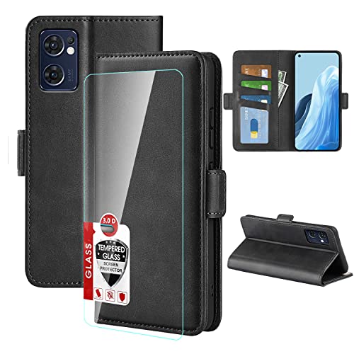 Pemuyak Leather Case for OPPO Find X5 lite 5G Case with HD Tempered Glass Screen Protector, [Magnetic Closure][Card Slots] Stand Leather Flip Shockproof Cover for OPPO Find X5 lite - Black