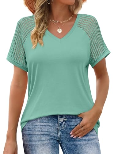 JUSTFASHIONNOW Short Sleeve Blouses for Women Cute Summer Tops Dressy Casual V Neck Tshirts 2026 Trendy Spring Clothes（Cadet Blue,Large