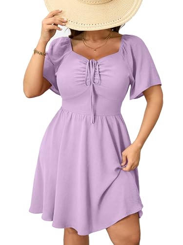 Image of RWJ Women Plus Size Summer Dress Short Sleeve Tie Front Sweetheart Neck Casual Mini Wedding Guest Dresses 2025