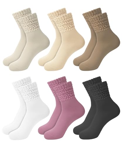 Chalier 6 Pairs Slouch Socks for Women, Soft Cotton Retro Scrunch Socks Mid Calf Rib Tube Sock Women