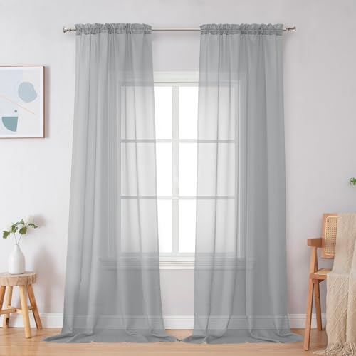 Image of Simplebrand Light Grey Sheer Curtains 96 Inches Long, Light Filtering Silver Grey Rod Pocket Solid Color Window Sheer Curtain Panels, Elegant Curtains & Drapes for Living Room, Bedroom 2 Panels, 42 inch W