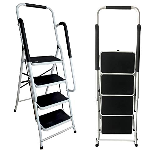 Escabeau 4 Marches Pliant avec Rampe de Sécurité Pliable avec Marche Antidérapante Mate Très Résistante Charge Maximale 150kg Cover