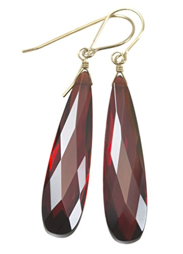 Simulated Red Garnet Earrings Long X Large Teardrops Faceted Briolettes 2 Inches