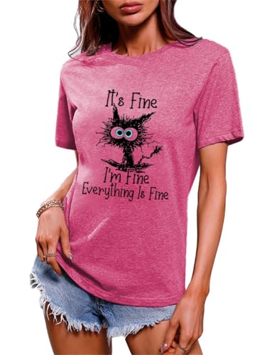 Funny Cat T Shirts for Women Everything is Fine Graphic Tees Casual Short Sleeve Summer Tops Crewneck Shirt
