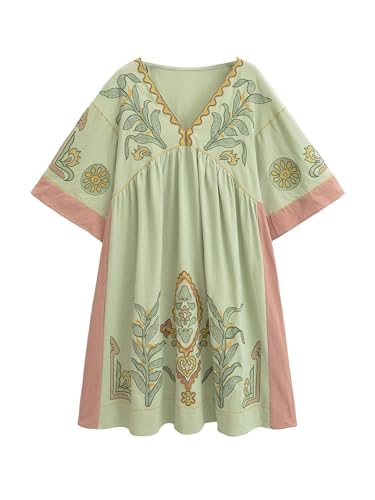 Image of Joiemont Womens Oversized Floral Embroidered Long Dress with V-Neck and 3 /4 Sleeves Vintage Embroidery Babydoll Dress